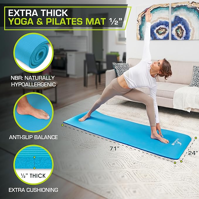 ProsourceFit Extra Thick Yoga and Pilates Mat ½” (13mm) or 1" (25mm), 71-inch Long High Density Exercise Mat with Comfort Foam and Carrying Strap