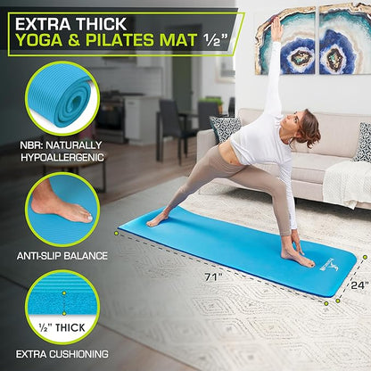 ProsourceFit Extra Thick Yoga and Pilates Mat ½” (13mm) or 1" (25mm), 71-inch Long High Density Exercise Mat with Comfort Foam and Carrying Strap