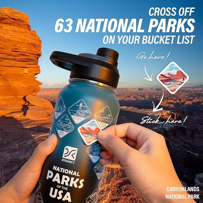 National Parks Water Bottle – 32 oz Insulated Stainless Steel Bottle with 63 Hand-Drawn Park Stickers, Carrier Bag, Strap & Gift Box – BPA-Free – Ideal for Hiking, Camping & Travel