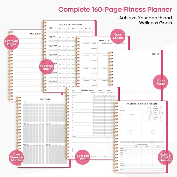Fitness Workout Journal for Women & Men, A5(5.5" x 8.4") Workout Log Book Planner for Tracking, Progress, and Achieving Your Wellness Goals-Berry Pink