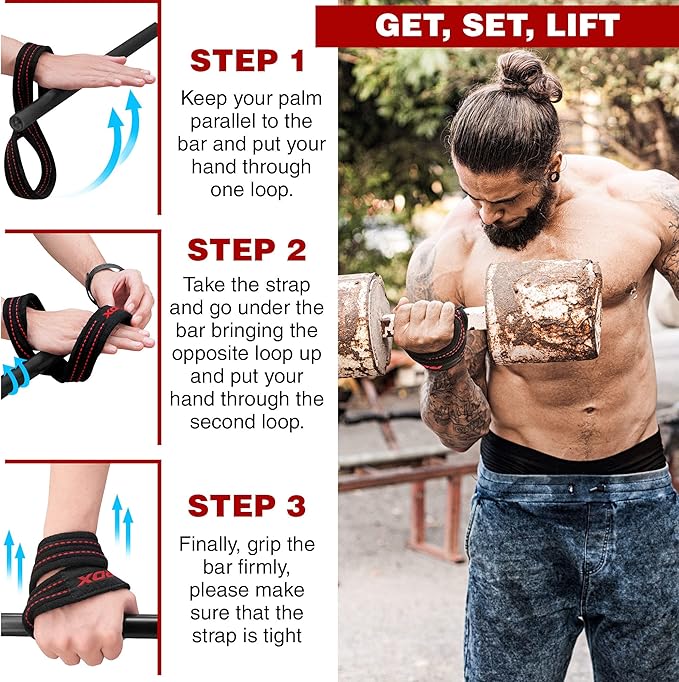 RDX Weight Lifting Straps Figure 8, Anti Slip Strap with Cuffs Wrist Support for Gym Workout Deadlift Powerlifting Bodybuilding Weightlifting, Fitness Strength Training, Hand Bar Grip for Men