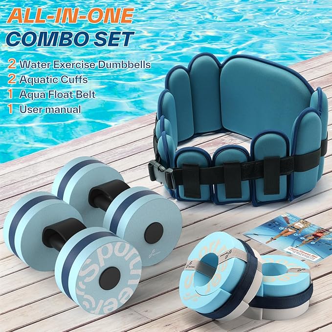 Sportneer Aquatic Exercise Equipment Water Aerobics Combo Set Includes High Density Water Weights Dumbbell Aqua Belt Water Ankle Weights for Pool Exercise Aquatic Therapy Pool Fitness Water Exercise