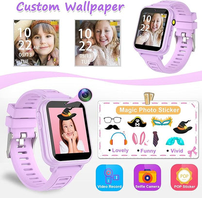 Kids Smart Watch Girls Gifts for Age 5-12, 39 Puzzle Games HD Touch Screen Watches with Video Camera Music Player Pedometer Flashlight 12/24 hr Birthday Gift 6 7 8 Year Old Girls