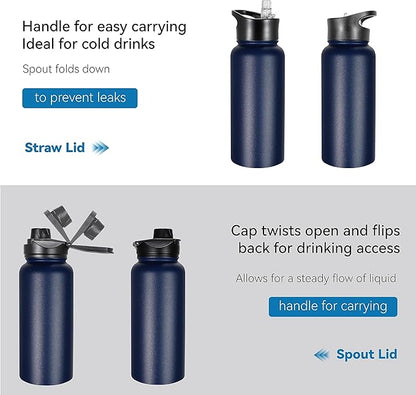 VEGOND 32 oz Insulated Water Bottle Bulk Stainless Steel Metal Water Bottles with Leak Proof Straw Lid & Spout Lid, Wide Mouth Double Walled Vacuum Travel Sports Bottle, 8 Pack