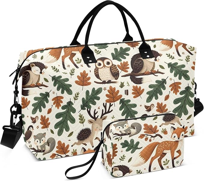 Weekender Bags Travel Duffel Gym Bag Carry on Overnight Tote Bag with Toiletry Bag for Airplane Travel Trip Gym Yoga (Woodland Forest Animals Fox)