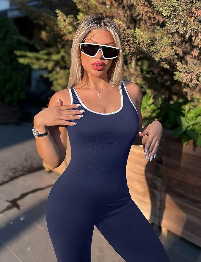 OLCHEE Womens Workout Jumpsuits Seamless Yoga Gym Bodycon Rompers Sexy Racerback Tummy Control Padded Bra Unitard
