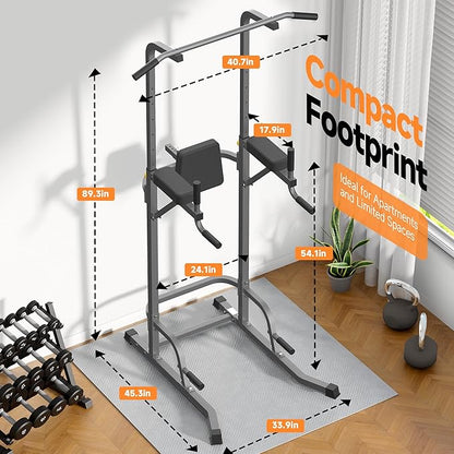 Power Tower Pull Up Station for Home Gym, Dip Station with Splayed H-Shaped Base, 440LBS Capacity, Adjustable Height Workout Station for Pull-ups, Dips & Leg Raises