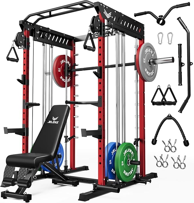 M21 Smith Machine, Multi-Function Power Cage with Dual Pulley Cable Crossover System, 2000LBS All-in-One Squat Rack with Smith Bar and Attachments for Home Gym Strength Training