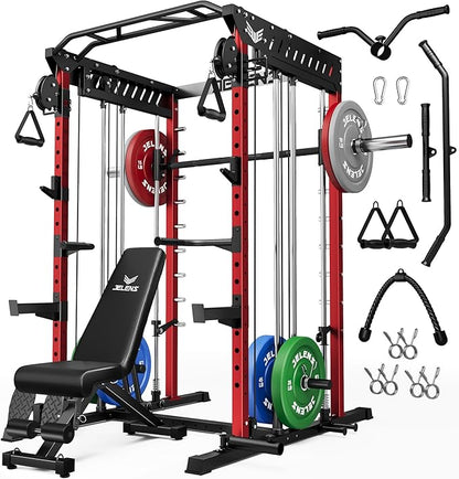 M21 Smith Machine, Multi-Function Power Cage with Dual Pulley Cable Crossover System, 2000LBS All-in-One Squat Rack with Smith Bar and Attachments for Home Gym Strength Training