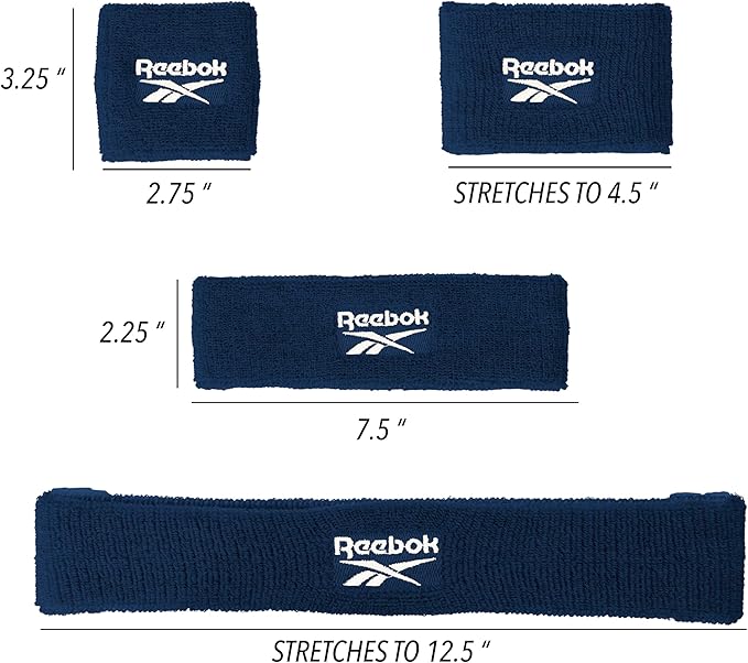 3pc Unisex Athletic Sweatband Set - 2.25in Workout Headband & 3.25in Wristbands w/Stay Dry Technology, Terry Cloth Band Moisture-Wicking Fabric | Quality Fitness Accessories for Active Comfort-Reebok