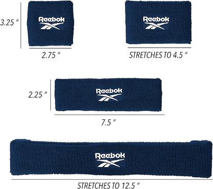 3pc Unisex Athletic Sweatband Set - 2.25in Workout Headband & 3.25in Wristbands w/Stay Dry Technology, Terry Cloth Band Moisture-Wicking Fabric | Quality Fitness Accessories for Active Comfort-Reebok