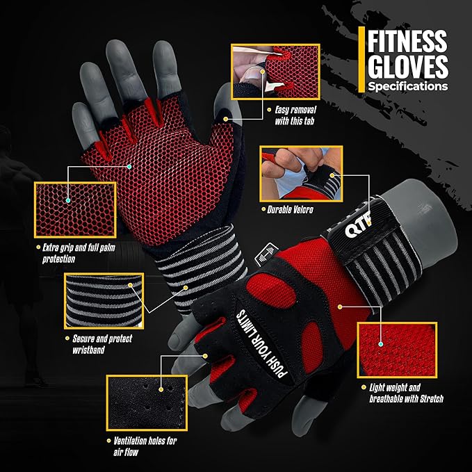 QTF Weight Lifting Gym Workout Gloves with Long Wrist Strap, Fingerless Gym Gloves for Men & Women, Full Palm Protection, for Weightlifting, Training, Fitness, Hanging