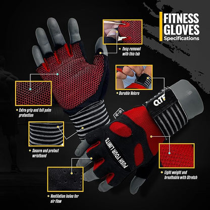 QTF Weight Lifting Gym Workout Gloves with Long Wrist Strap, Fingerless Gym Gloves for Men & Women, Full Palm Protection, for Weightlifting, Training, Fitness, Hanging