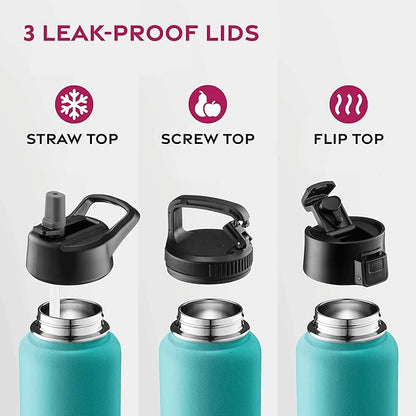 FineDine Triple Walled, Insulated Water Bottles with Straw - 32 Oz Stainless Steel Metal Bottle W/ 3 Leak Proof Lids - For Travel, School, Sports, Gym / Men, Women & Kids - Cheery Turquoise