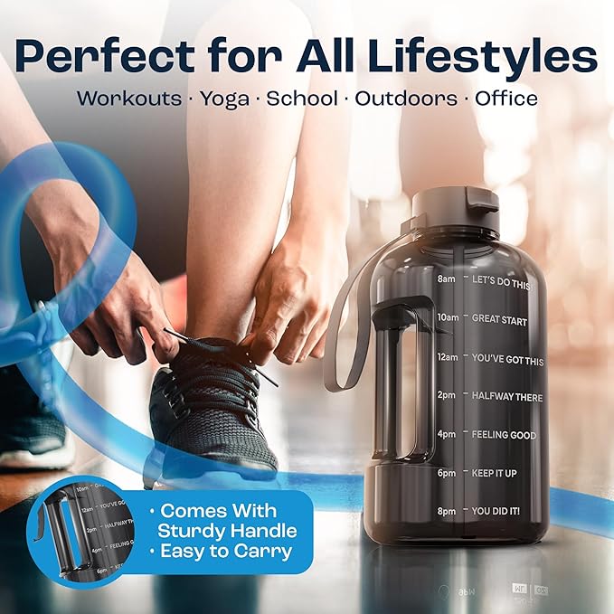 AQUAFIT Half Gallon Water Bottle with Time Marker - Straw & Chug Lid - BPA Free Gym Water Bottle with Straw - Big Gallon Jug (Blue, 64 oz - 2 Lids)