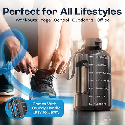 AQUAFIT Half Gallon Water Bottle with Time Marker - Straw & Chug Lid - BPA Free Gym Water Bottle with Straw - Big Gallon Jug (Blue, 64 oz - 2 Lids)