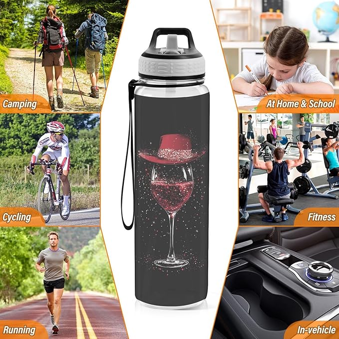 Fustylead Elegant Wine Glass with Red Hat 32 oz Water Bottle with Straw, Leakproof Clear Sport Bottles for Women Men Outdoor Sport Drinking