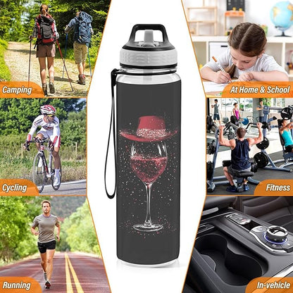 Fustylead Elegant Wine Glass with Red Hat 32 oz Water Bottle with Straw, Leakproof Clear Sport Bottles for Women Men Outdoor Sport Drinking