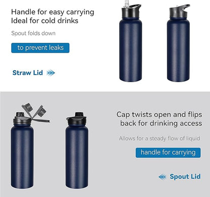 VEGOND 40 oz Insulated Stainless Steel Metal Water Bottle with Leak Proof Straw Lid & Spout Lid, Wide Mouth Double Walled Vacuum Travel Sports Bottle, Navy Blue