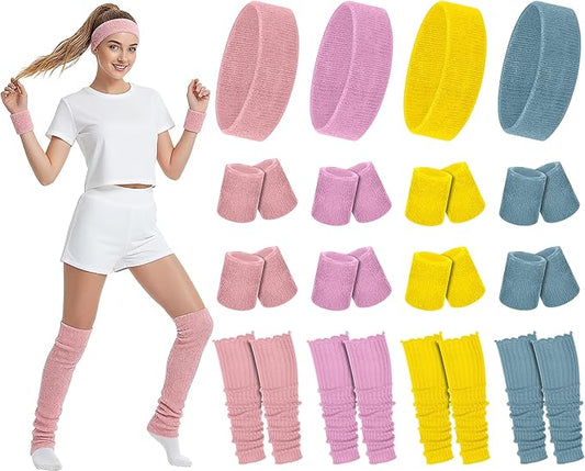 Hillban 4 Set 80s Leg Warmers for Women Men 80s 90s Accessories Neon Headband Wristband Workout Outfit for Carnival Party