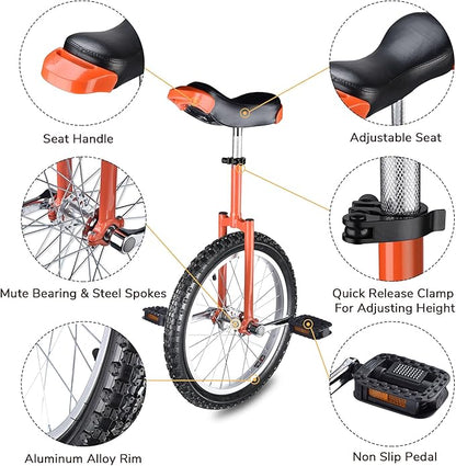AW 16/18/20/24 Inch Wheel Outdoor Unicycle Adjustable Seat Exercise Bicycle Fit Adults Kids Outdoor Sports Fitness Exercise, for Choice