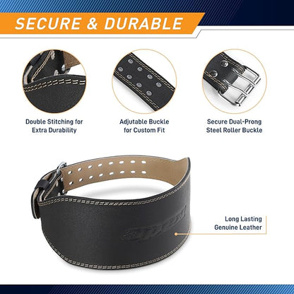Apex by Marcy 6-Inch Wide Padded Genuine Leather Weightlifting Belt with Thick Back Support and Dual Prong Buckle – Durable, Adjustable for Strength Training, Powerlifting, Deadlifting, and CrossFit for Men and Women