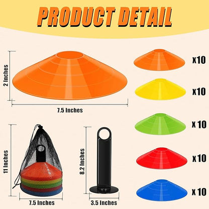 Disc Cones for Sports Training, 25/50 Pack Agility Soccer Cones with Carry Bag and Holder, Soccer, Football, Basketball, Coaching, Practice Equipment, 5 Color