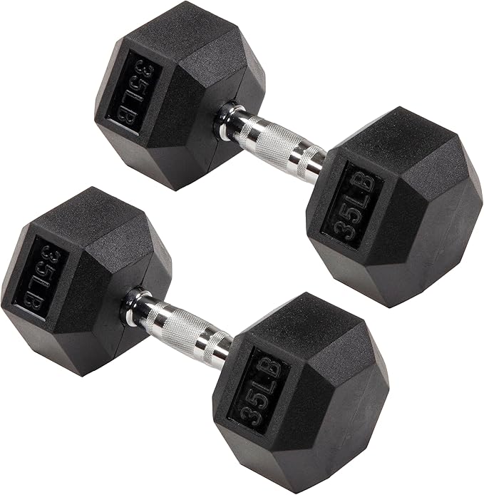 Signature Fitness Rubber Coated Hex Dumbbells Hand Weights for Exercises and Fitness Home Gym, 5-50 lbs, Pairs
