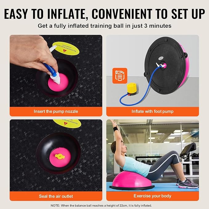 Half Exercise Ball Trainer 23 inch Balance Ball Trainer 1500lbs Capacity Stability Ball with Resistance Bands & Foot Pump, Strength Fitness Ball for Home Gym Full Body Workout