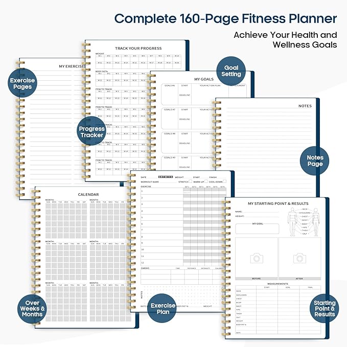 Fitness Workout Journal for Women & Men, A5(5.5" x 8.7") Workout Log Book Planner for Tracking, Progress, and Achieving Your Wellness Goals-Navy Blue