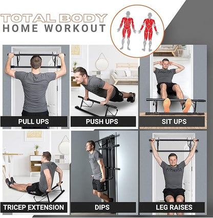 Folding Door Pullup Bar and Dip Bar Station - NO WOBBLE, Home Gym, Easy Storage, Power Tower Dip Station and Pull-up Bar for Doorway, Collapsible Dip Station, No Door Damage, High Weight Capacity, Foldable Bodyweight Workout Station