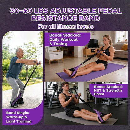 Multifunction Pedal Resistance Band with Handle, 3 Tube Adjustable 30/40/50LB Foot Pedal Puller Resistance Bands with Poster, Extended Length Tension Rope for Men Women Full Body Workout Home Gym