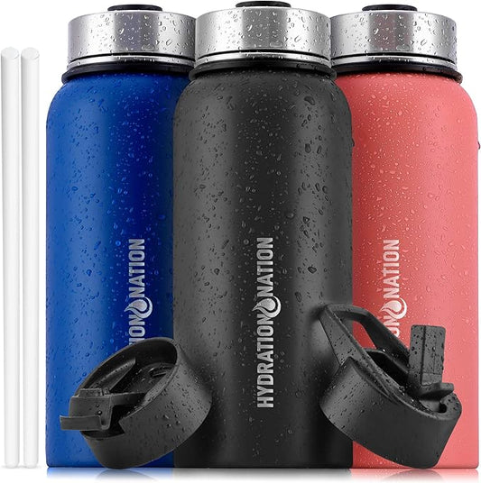 Hydration Nation 3 Lid Multi-Size Vacuum Insulated Water Bottles with Straw - Metal Water Bottle For Sports & Outdoor - Thermo Stainless Steel Water Bottle - Perfect for Hot & Cold Drinks (Black)