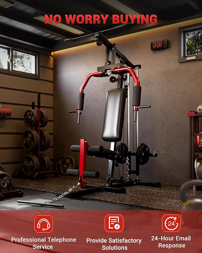 Home Gym Equipment, Workout Weight Machine with Cable Pulley System, 400 LBS Weight Capacity All in One Full Body Exercise Station for Strength Training, Multifunctional Compact Home Gym