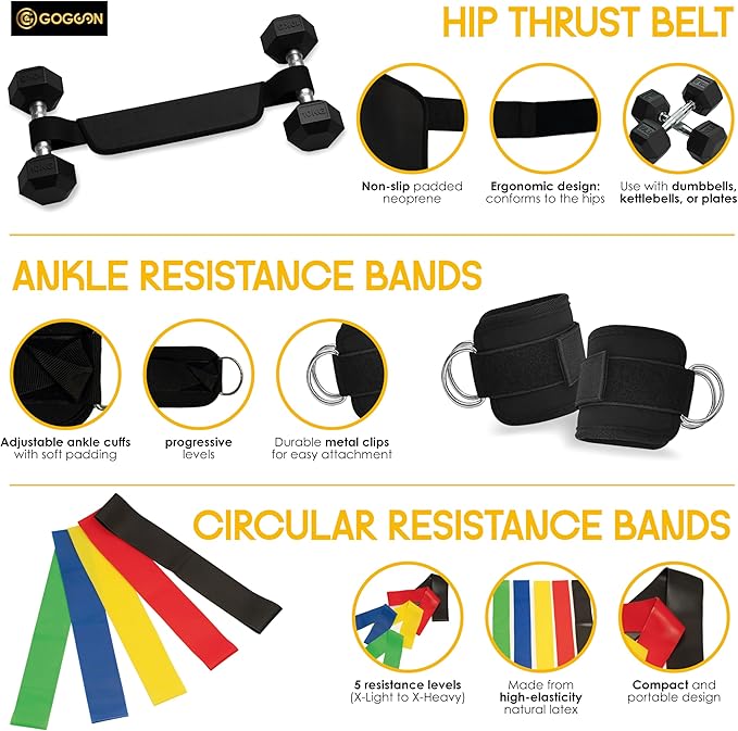 Hip Thrust Belt & Ankle Resistance Bands Set for Women – Glute Workout Kit with Padded Belt, Adjustable Ankle Straps & 5 Loop Bands – Booty Training Equipment for Home or Gym