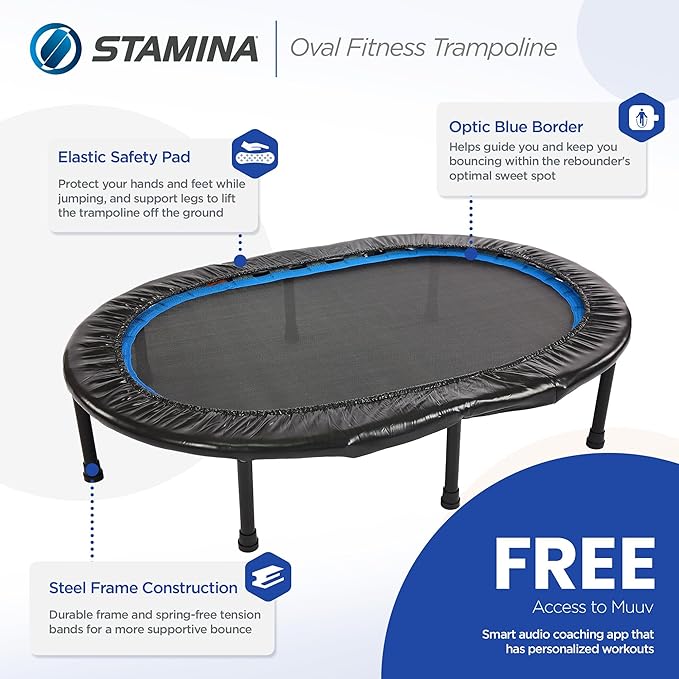 Stamina Folding Trampoline with Smart Workout App, Black - Portable Fitness Rebounder for Home Gym, Cardio & Strength Training, Jumping Exercise Equipment