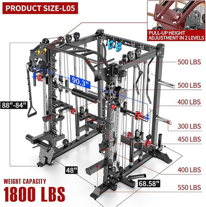 Multi-Purpose Squat Rack,Smith Machine Weight Rack Set with Cable Crossover System, Home Gym Power Racks, Power Racks and Packages
