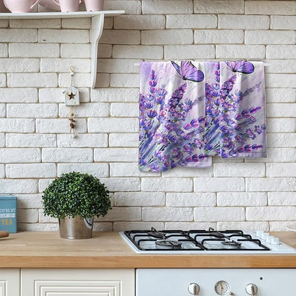 Watercolor Lavender Butterfly Kitchen Towels Set of 2 Purple Flower Butterflies Decorative Dish Towels Spring Floral Drying Baking Cooking Cloth Seasonal Super Soft Towels for Home Kitchen Face Towel
