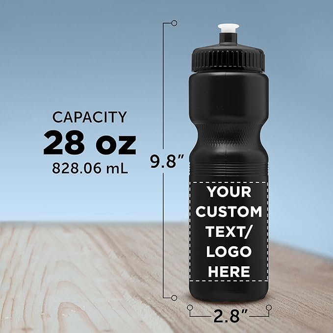 DISCOUNT PROMOS 28 oz. Custom Push Cap Plastic Water Bottles Set of 10/50/100, Personalized Bulk Pack - Perfect for Gym, Hiking, Camping, Outdoor Sports - Black