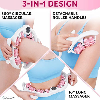 COZLOW Cellulite Massage Roller - Pink - Anti-Cellulite Massager with Detachable Roller Handles for Thighs, Legs & Buttocks - Fascia Massage Tool for Lymphatic Drainage & Deep Tissue Therapy