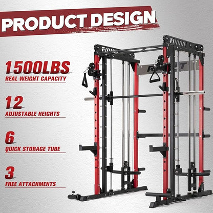 RitFit M1 Pro Smith Machine with Cable Crossover System, Multi-Function Squat Rack Power Cage for Home Gym, Power Rack and Packages