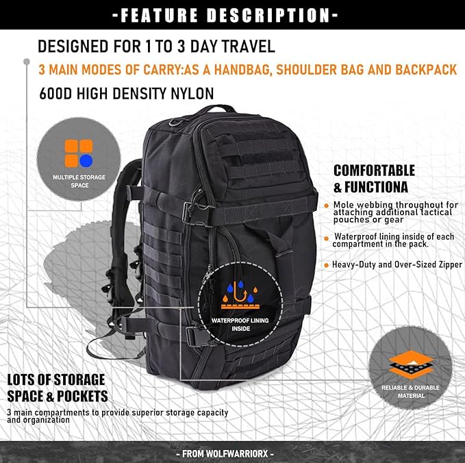 Travel Duffle Bag Backpack for Men - Large Tactical Bags Weekender Gym Bag for Overnight Traveling Military Workout Deployment Sports (Black, 25L)