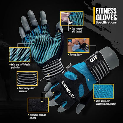 QTF Weight Lifting Gym Workout Gloves with Long Wrist Strap, Fingerless Gym Gloves for Men & Women, Full Palm Protection, for Weightlifting, Training, Fitness, Hanging