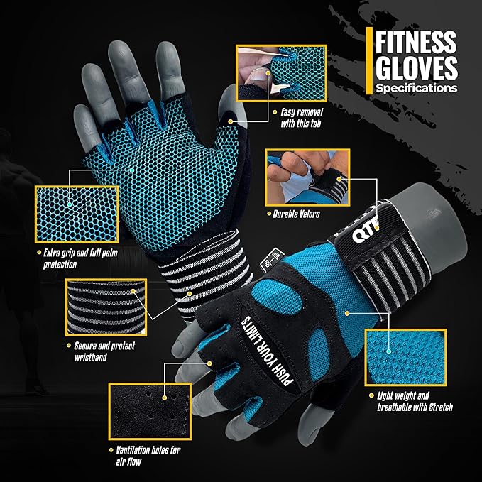 QTF Weight Lifting Gym Workout Gloves with Long Wrist Strap, Fingerless Gym Gloves for Men & Women, Full Palm Protection, for Weightlifting, Training, Fitness, Hanging