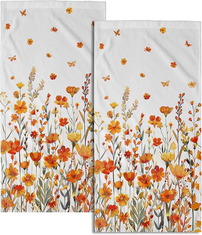 Watercolor Orange Daisy Hand Towels Fall Yellow Wildflowers Leaves Plant Bathroom Towel Autumn Floral Botanical Decorative Fingertip Season Thanksgiving Soft Absorbent Kitchen Hotel Spa Gym Towel