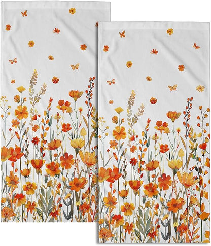 Watercolor Orange Daisy Hand Towels Fall Yellow Wildflowers Leaves Plant Bathroom Towel Autumn Floral Botanical Decorative Fingertip Season Thanksgiving Soft Absorbent Kitchen Hotel Spa Gym Towel