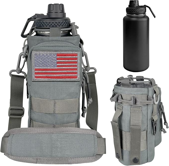 32 oz Insulated Water Bottle with Sleeve - Tactical Stainless Steel Wide Mouth Gym Water Bottles for Men Sports Workout Hiking with Pouch Gray