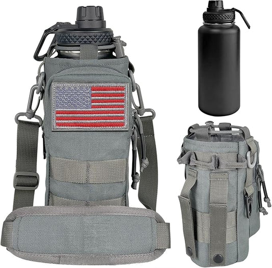 32 oz Insulated Water Bottle with Sleeve - Tactical Stainless Steel Wide Mouth Gym Water Bottles for Men Sports Workout Hiking with Pouch Gray
