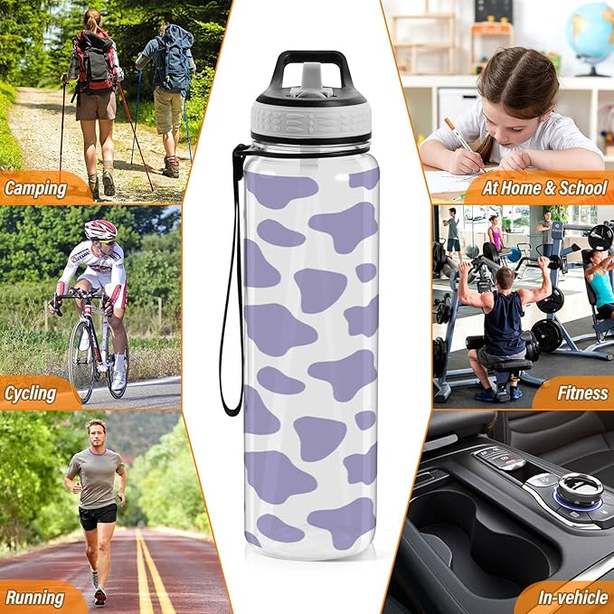Fustylead Purple Cow Print Tritan Water Bottle with Straw and Lids, 32 oz Reusable BPA Free Sport Water Bottle for Gym Camping Hiking Travel