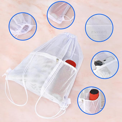 NATURAL STYLE 2 PACK Mesh Drawstring Backpack Bag, Multifunction Mesh Bag for Swimming, Athletic Gym, Clothes, Beach, Swim (White)